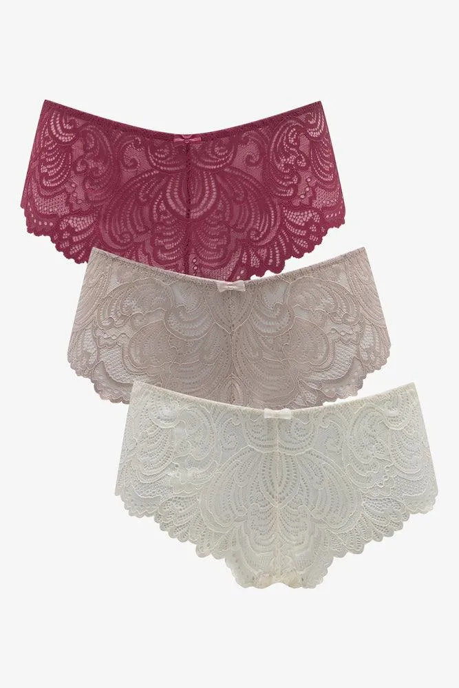3 Pack Lace Boylegs Burgundy, Natural & White