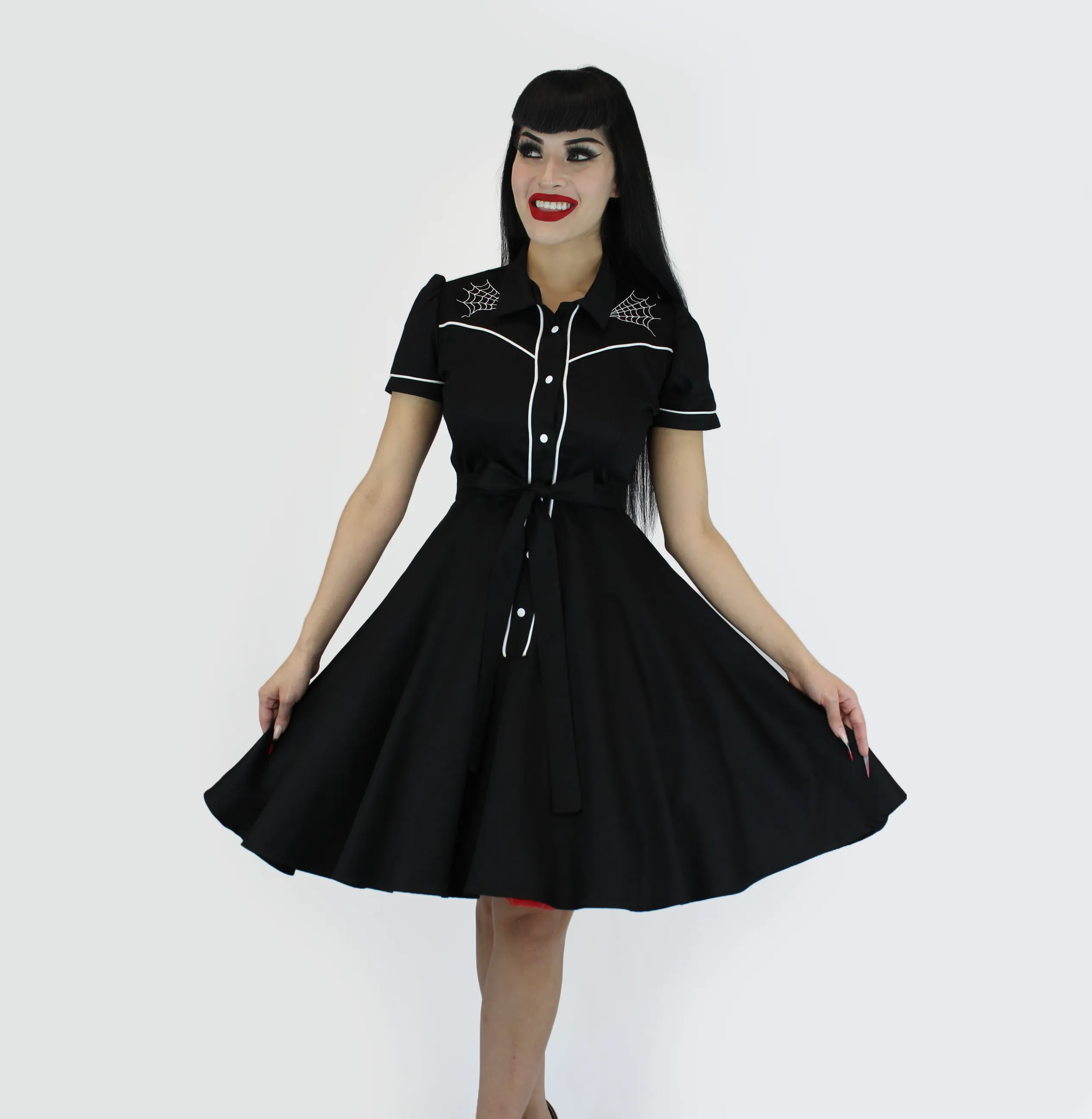 Spiderweb Embroidered Black Vintage Rockabilly Western Country Women Dress