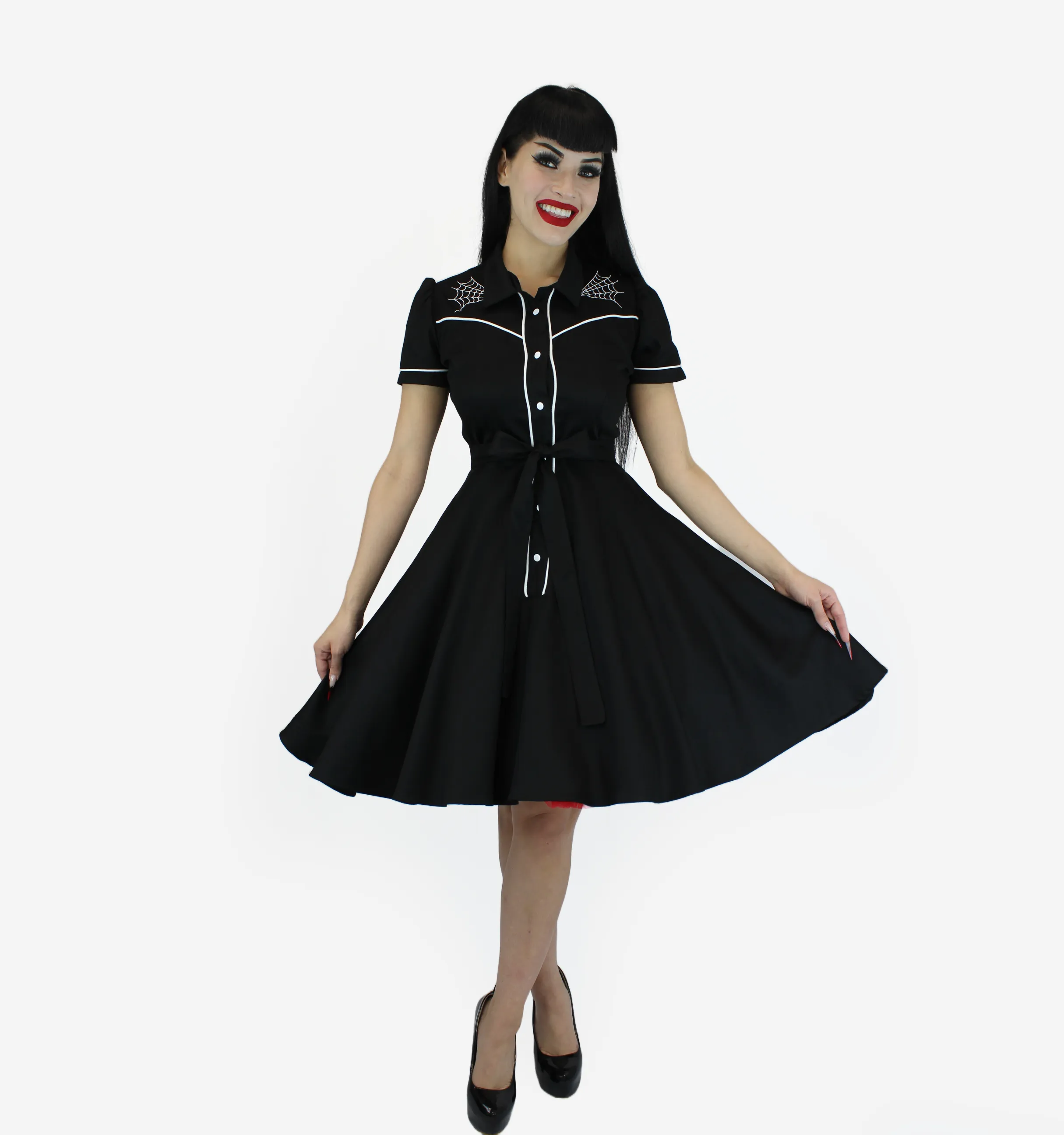 Spiderweb Embroidered Black Vintage Rockabilly Western Country Women Dress
