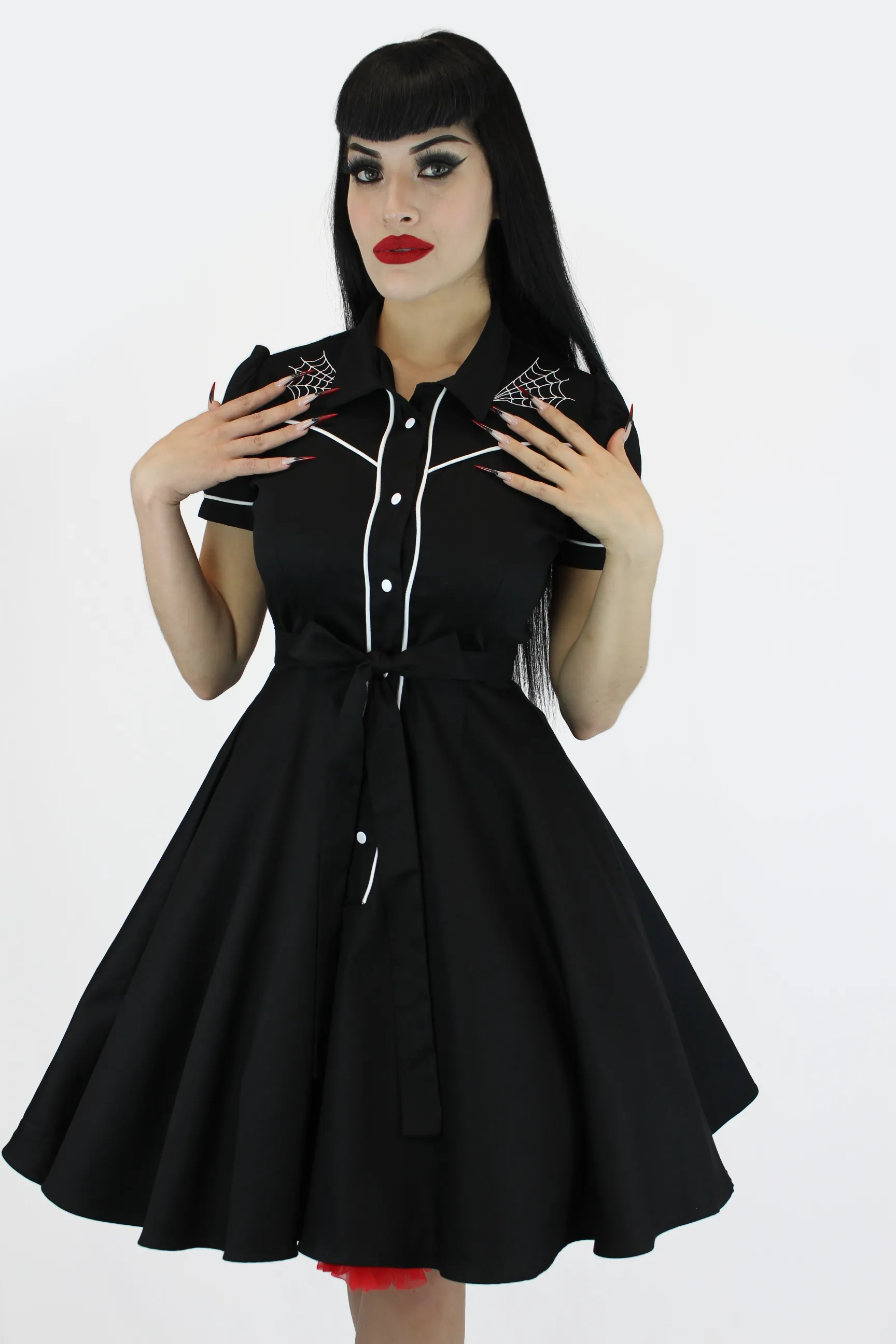 Spiderweb Embroidered Black Vintage Rockabilly Western Country Women Dress