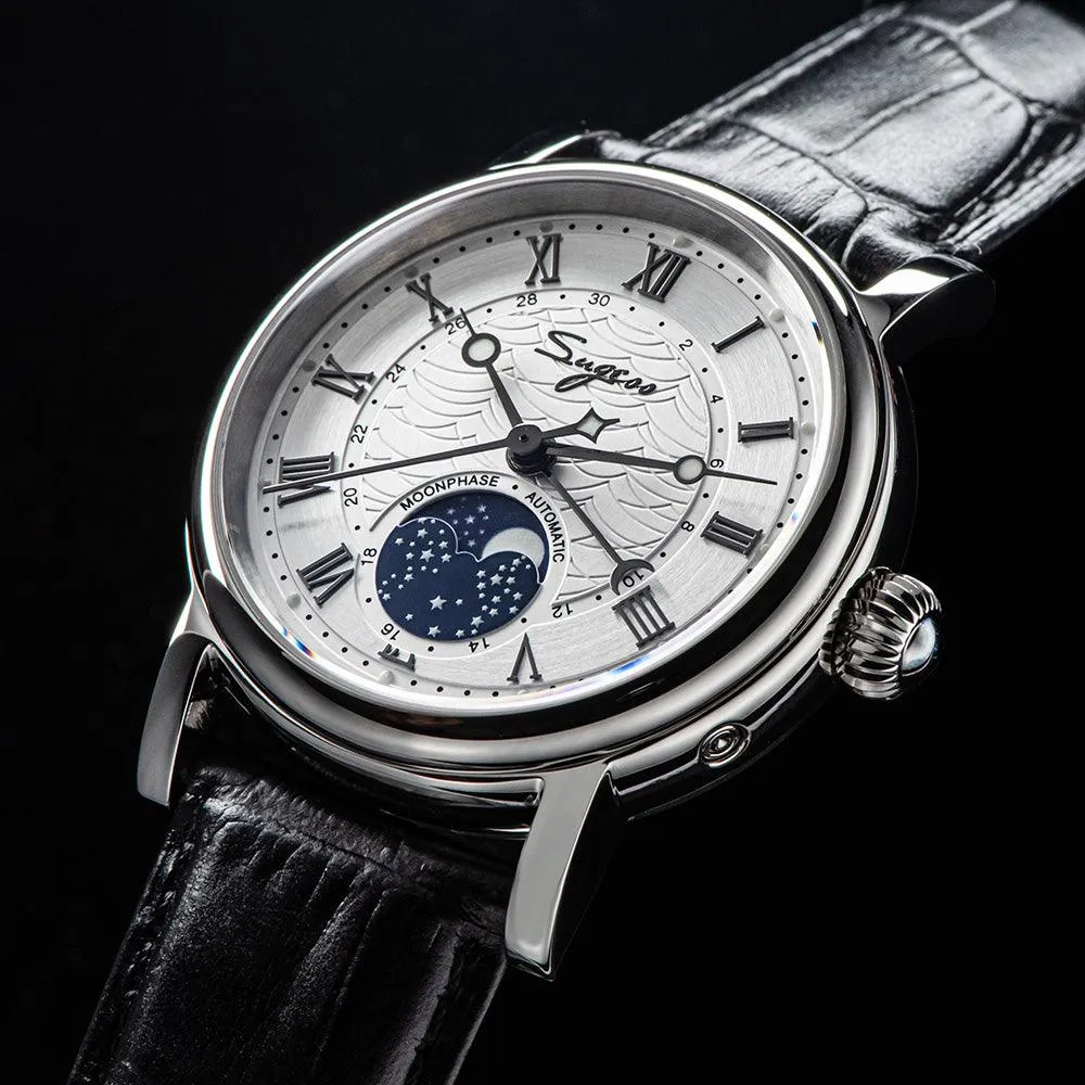 Sugess automatic mechanical men's watch moon phase luminous multi-function 2108 watch waterproof business 28 diamond star seagull dream