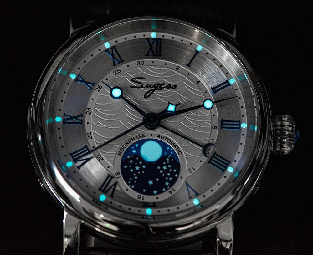Sugess automatic mechanical men's watch moon phase luminous multi-function 2108 watch waterproof business 28 diamond star seagull dream