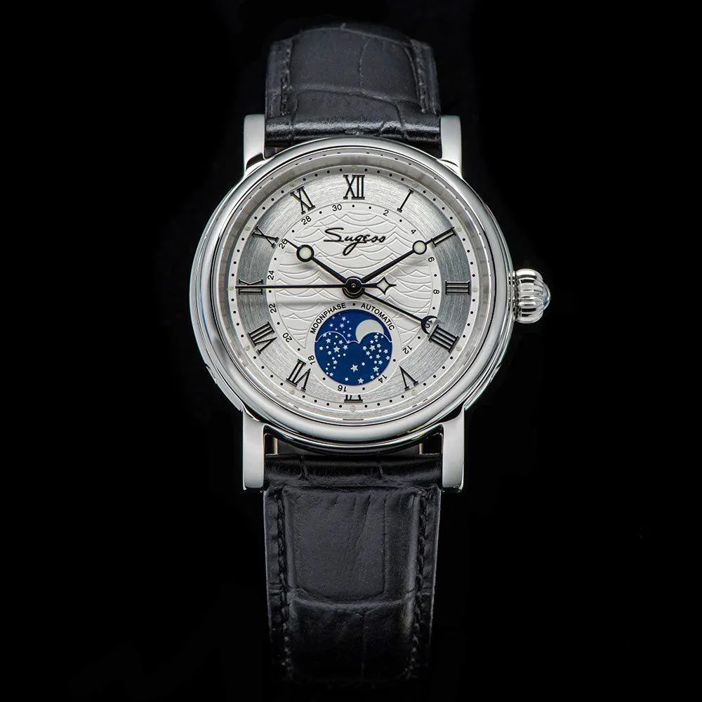 Sugess automatic mechanical men's watch moon phase luminous multi-function 2108 watch waterproof business 28 diamond star seagull dream