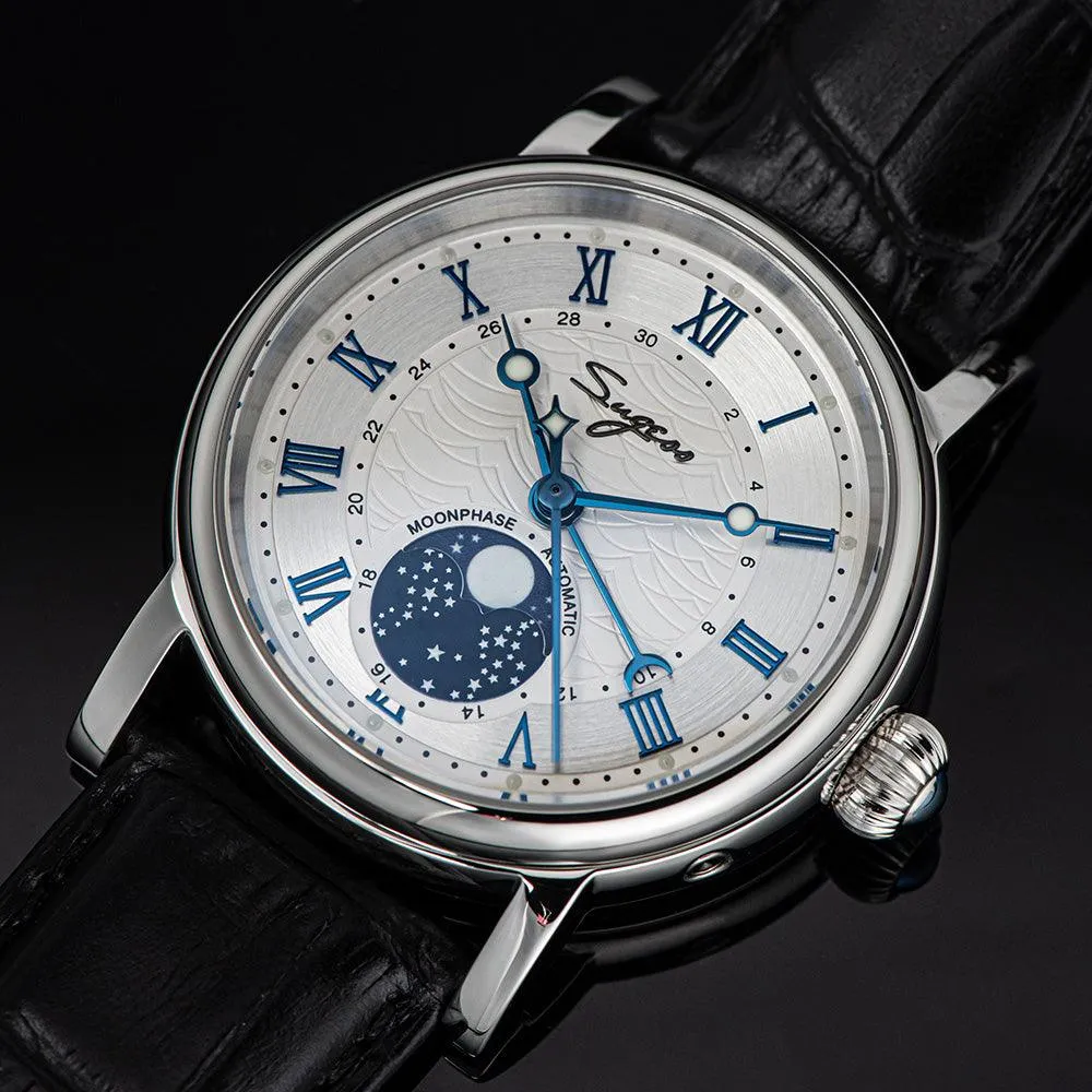 Sugess automatic mechanical men's watch moon phase luminous multi-function 2108 watch waterproof business 28 diamond star seagull dream