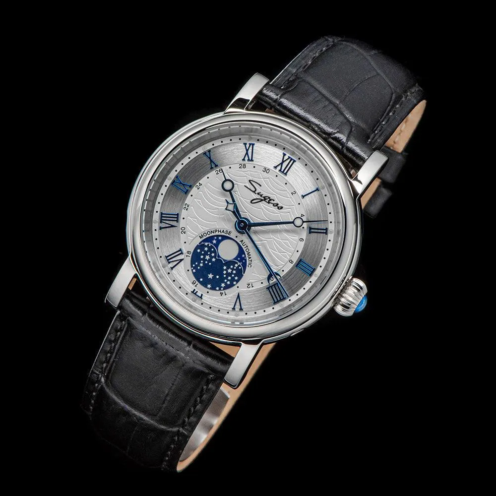 Sugess automatic mechanical men's watch moon phase luminous multi-function 2108 watch waterproof business 28 diamond star seagull dream