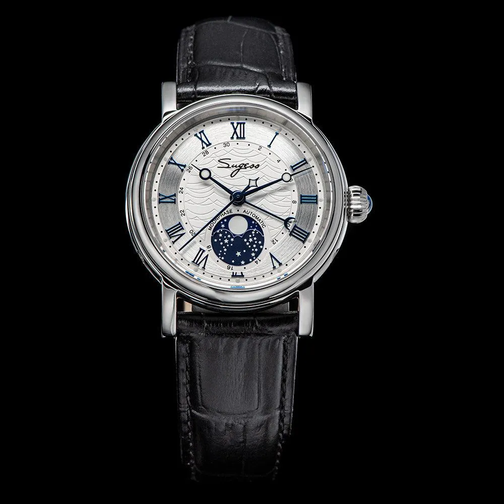 Sugess automatic mechanical men's watch moon phase luminous multi-function 2108 watch waterproof business 28 diamond star seagull dream