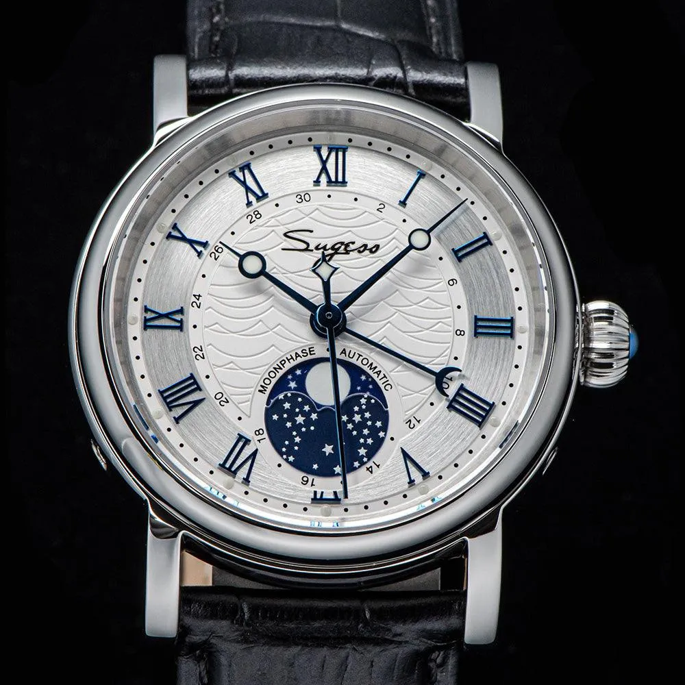 Sugess automatic mechanical men's watch moon phase luminous multi-function 2108 watch waterproof business 28 diamond star seagull dream