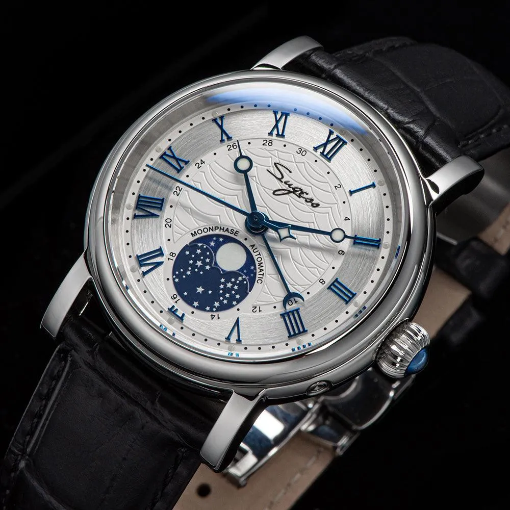 Sugess automatic mechanical men's watch moon phase luminous multi-function 2108 watch waterproof business 28 diamond star seagull dream