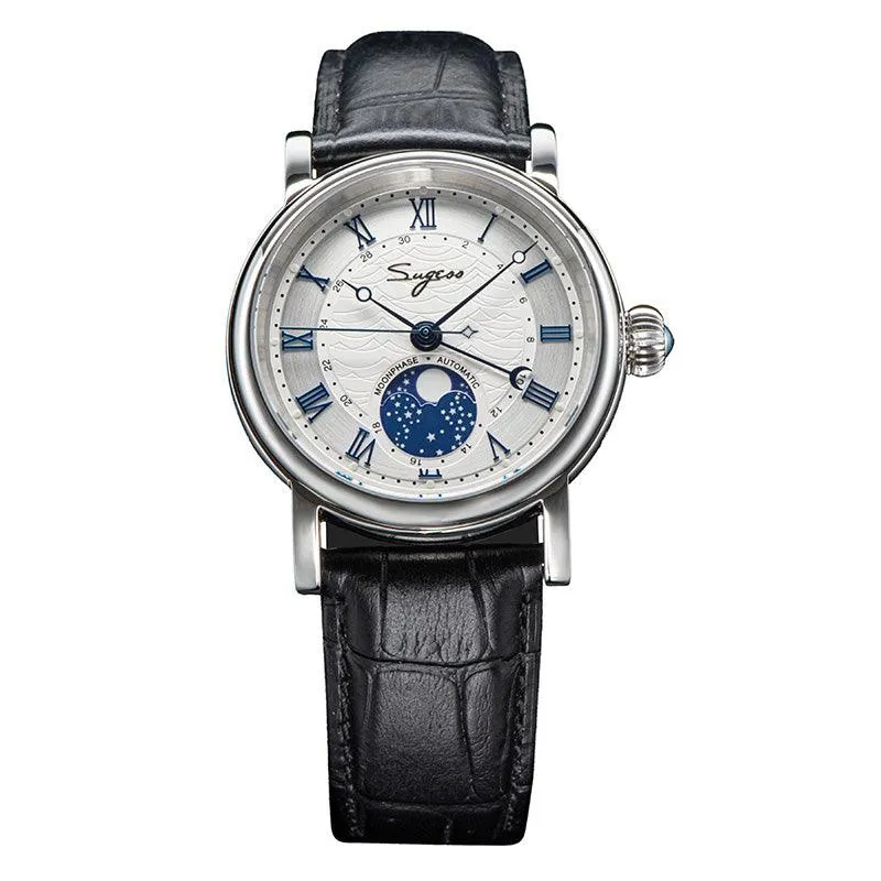Sugess automatic mechanical men's watch moon phase luminous multi-function 2108 watch waterproof business 28 diamond star seagull dream