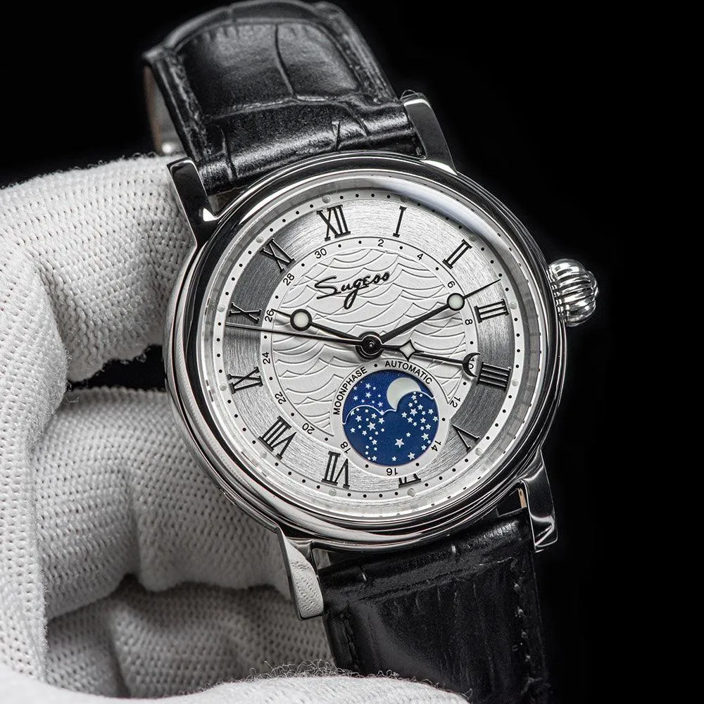 Sugess automatic mechanical men's watch moon phase luminous multi-function 2108 watch waterproof business 28 diamond star seagull dream
