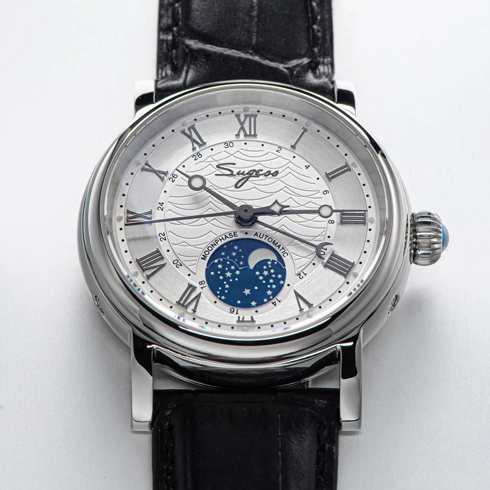Sugess automatic mechanical men's watch moon phase luminous multi-function 2108 watch waterproof business 28 diamond star seagull dream